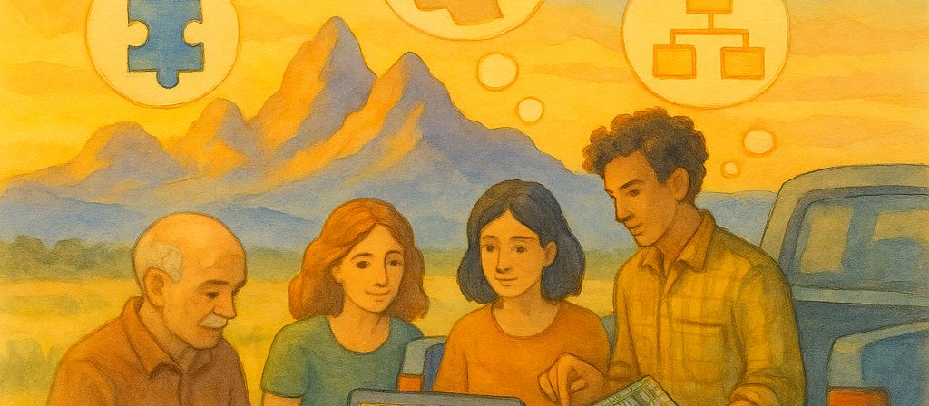 Painting of three people working together at laptops with ideas sketched above them