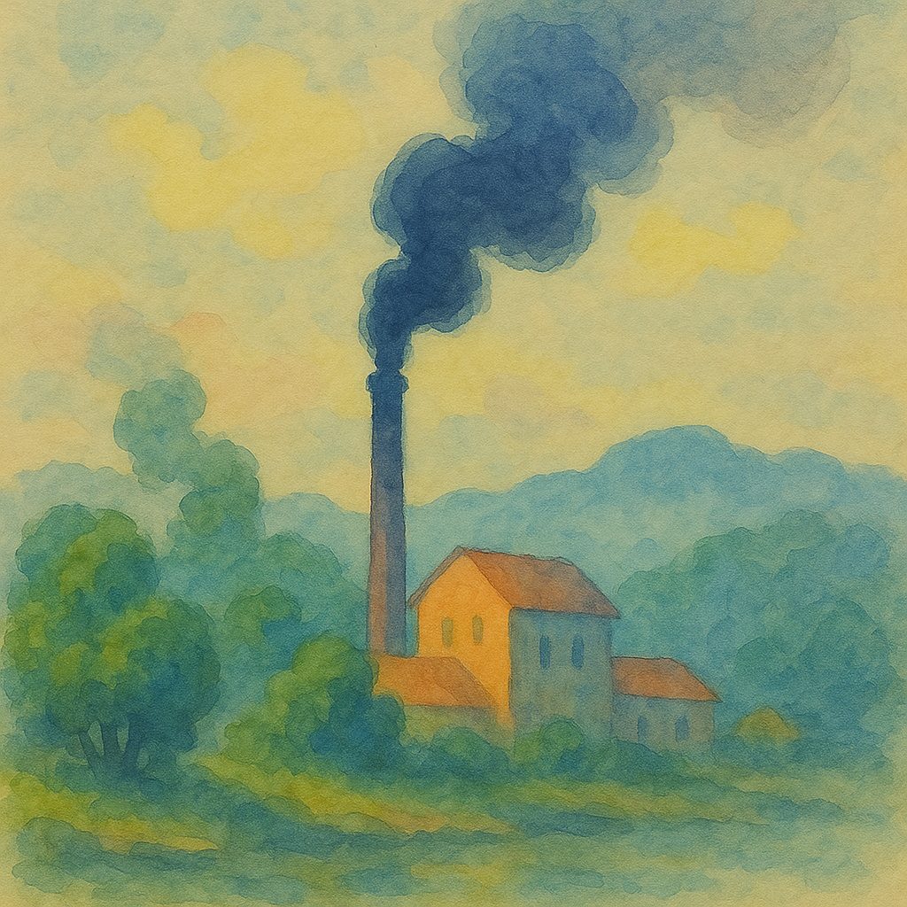Painting of a lakeside cottage with a tall chimney at sunset