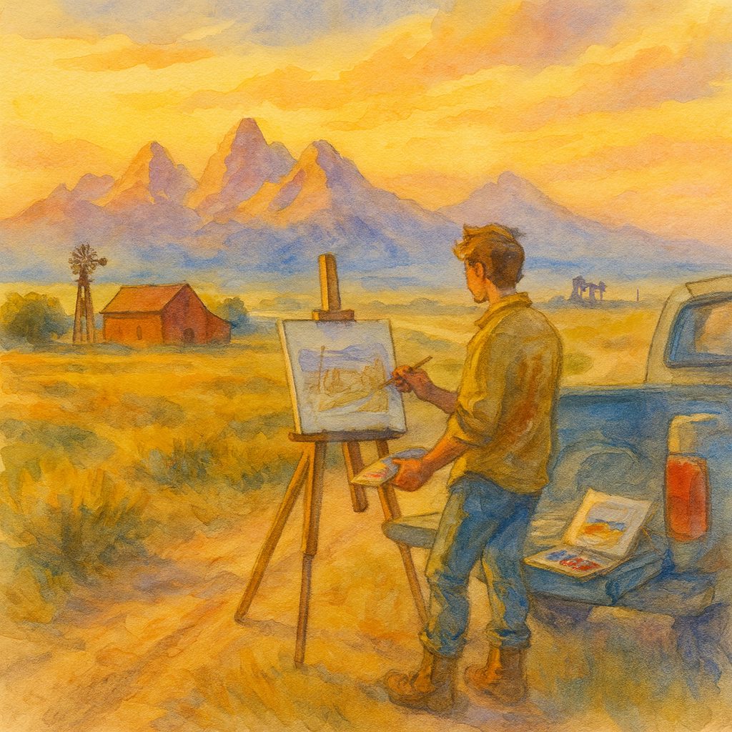 Painting of an artist at an easel in front of mountains
