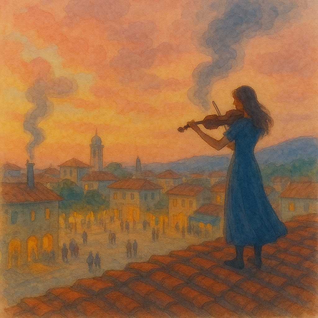 Painting of a violinist on a rooftop at sunset