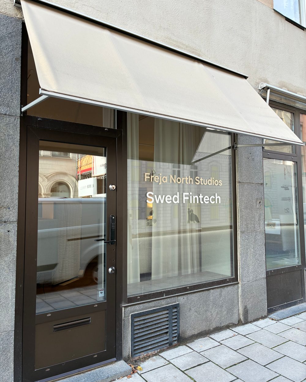 The Freja North Studios and Swed Fintech office front at Artillerigatan 29, Stockholm